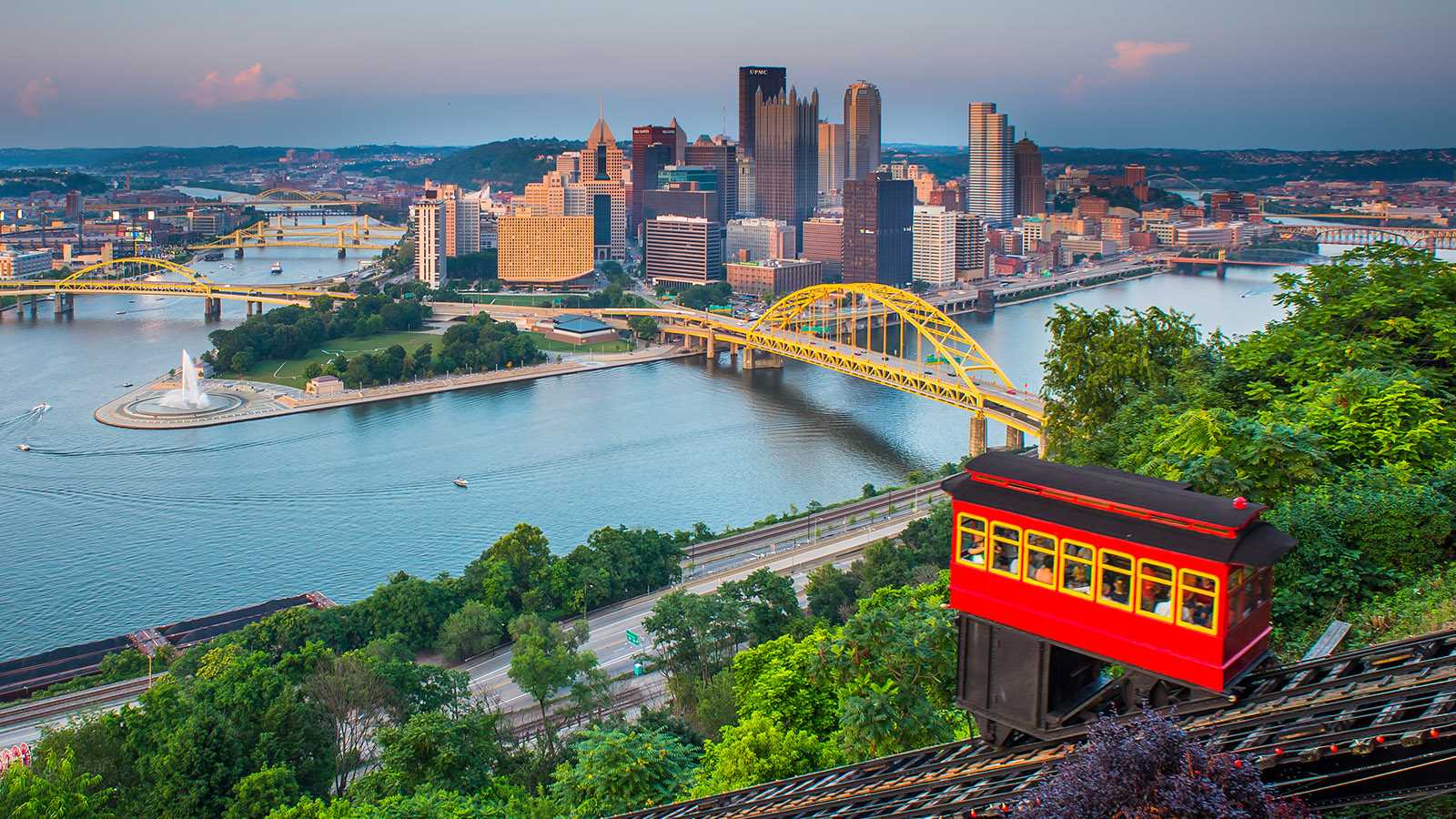 Downtown Pittsburgh and the three rivers as viewed from the south east incline train